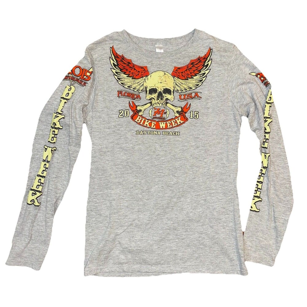 Daytona Beach Bike Week 2015 graphic long sleeve gray t-shirt Fitted Wmns Med